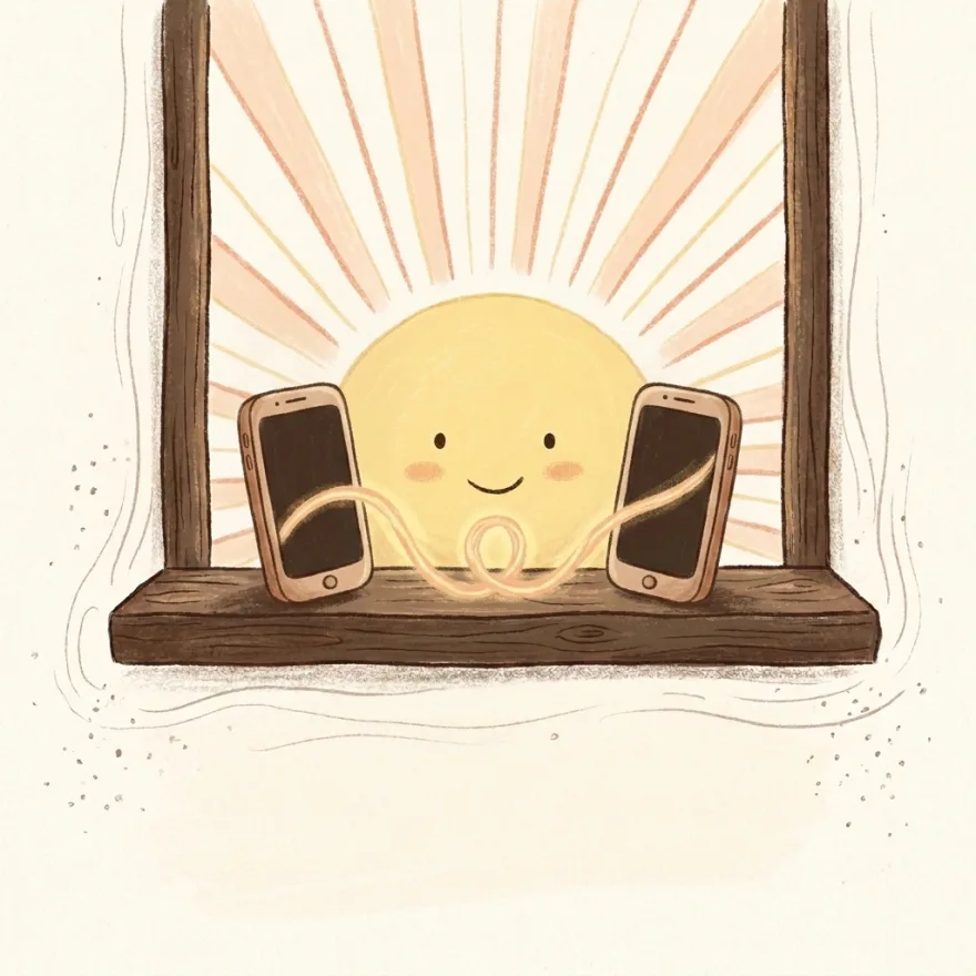 Storybook illustration of two phones on a windowsill joined by a glowing thread of sunlight